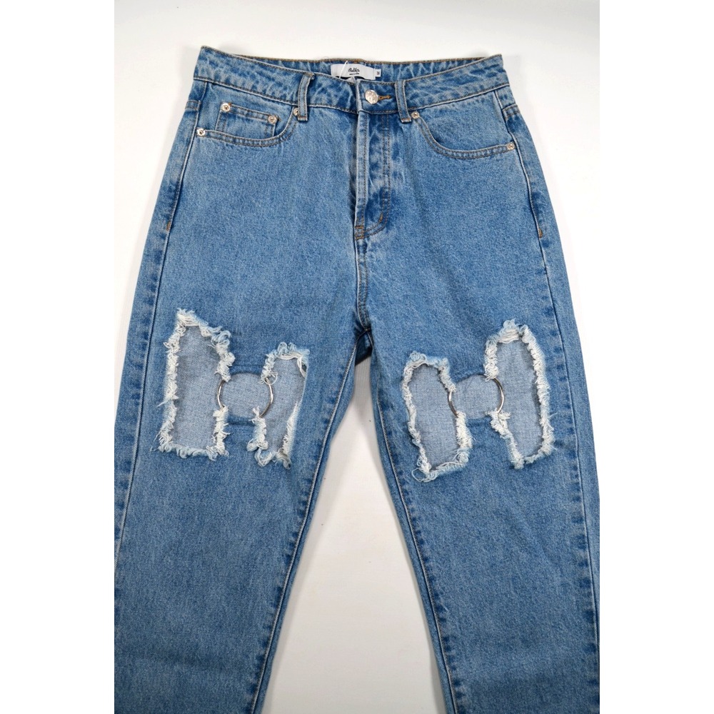 Nwt's Adika Blue Jeans Womens Size M Light Wash Distressed w/ O Rings Button Fly